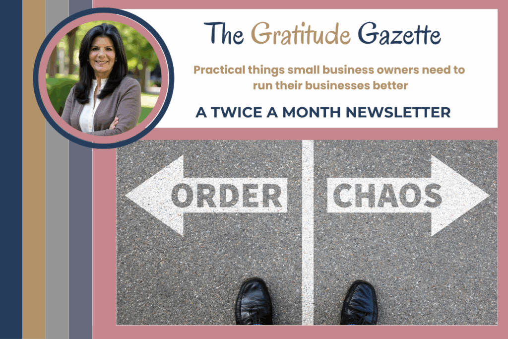 A photo advertising The Gratitude Gazette with a picture of me, The Grateful VA. It says A Twice a Month Newsletter and it includes a picture of a pair of feet standing on the street. One foot on either side of a line in the middle of the road. On one side, it says Order and the other says Chaos with arrows pointing in each direct. 