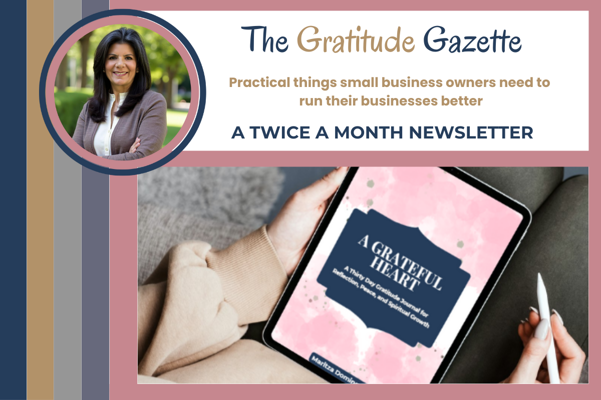 The Gratitude Gazette newsletter graphic showing a woman’s portrait, newsletter title, and an iPad displaying a digital gratitude journal.
