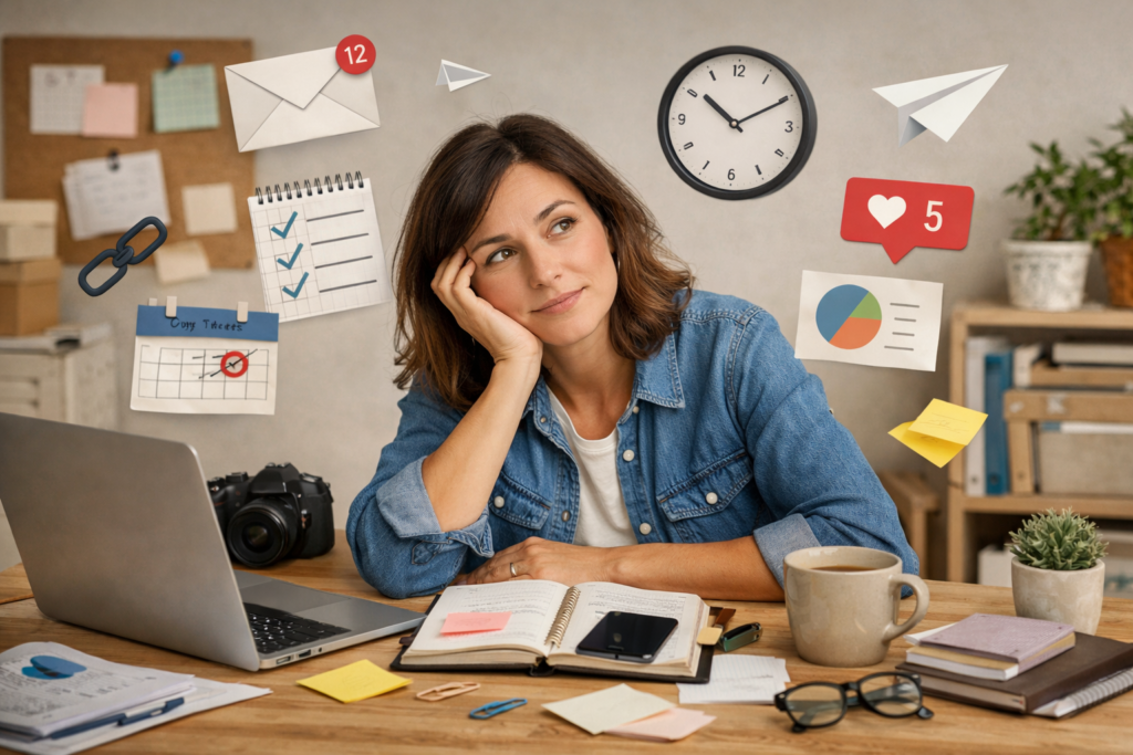 Woman sitting at a desk with a laptop and notebook, thinking while managing tasks