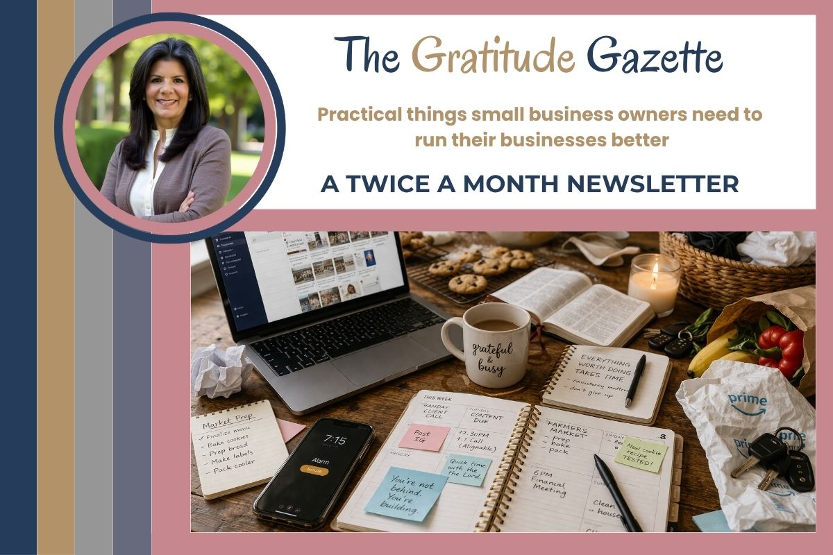 The Gratitude Gazette twice-a-month newsletter header featuring Maritza Dominguez and a workspace with laptop, planner, coffee, and notes, representing the idea that being busy doesn’t always mean being productive