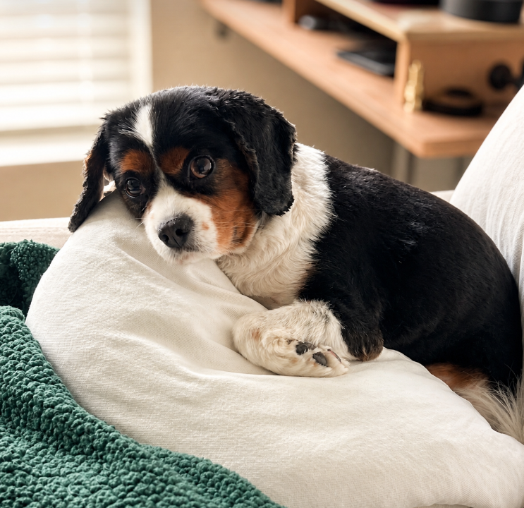 A picture of a black, brown and white, King Charles Cavalier Cocker Spaniel laying on a couch pillow with a green blanket