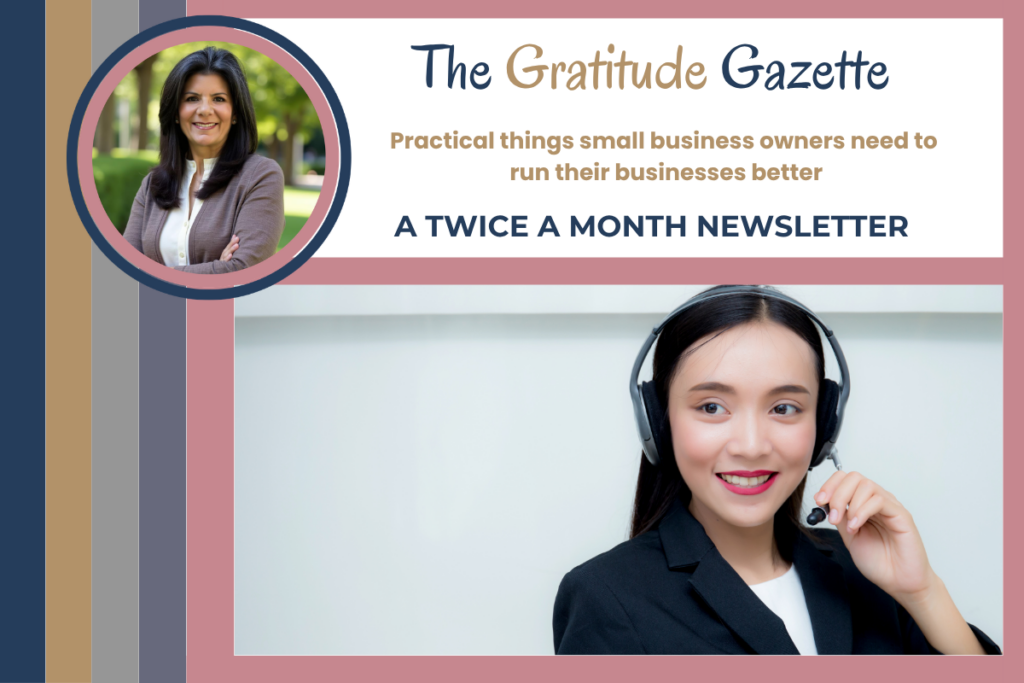The Gratitude Gazette - a banner showing the name of the newsletter and that it is a twice a month newsletter. It shows a picture of a young woman wearing a headset